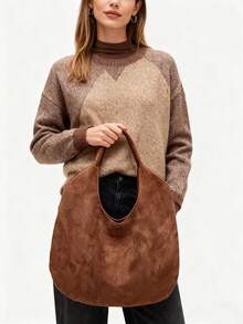 Bolsa de Ombro Estilo Retrô Boêmio Marrom, Bolsa Balde Portátil de Grande Capacidade em Camurça Sintética, Bolsa de Ombro Versátil para Transporte