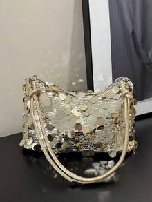 1pc Shiny Gold Crescent Moon Shaped PE PVC Shoulder Bag, Women's Party Clutch - Gold - View 5