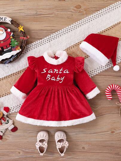Baby Girls' Christmas Dress Set, Christmas Baby Dress + Santa Hat 2pcs Outfit, Christmas Holiday Gift, Party Dress
