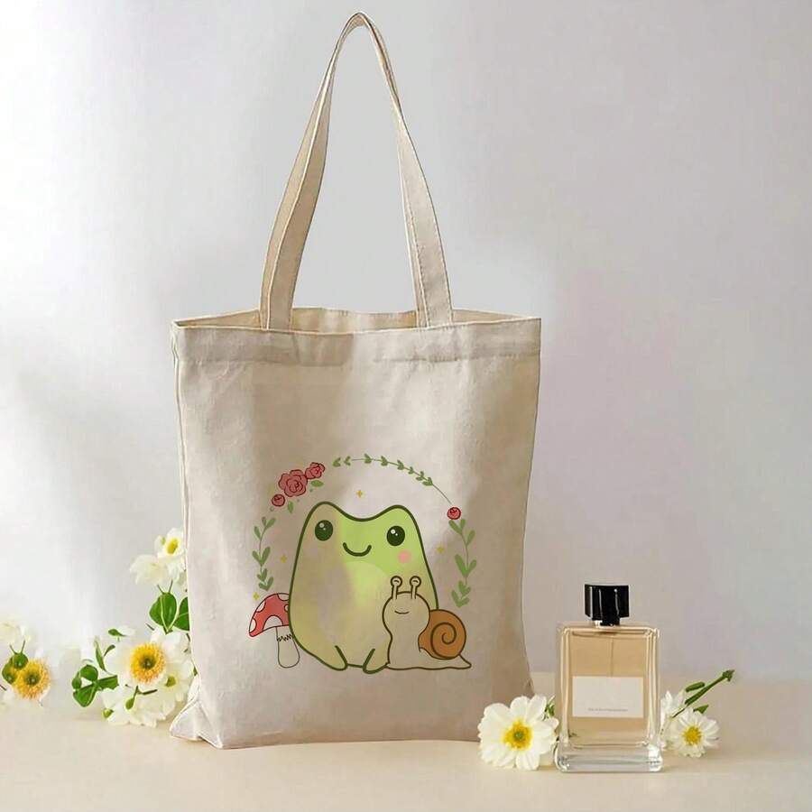 Cute Kawaii Snail Mushroom Cottagecore Aesthetic-Shirt Shoulder Bag Canvas Hangbag - 白色 - 查看 1