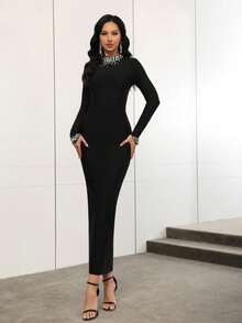 Love Aing 女士黑色连衣裙，手工镶嵌水钻，长袖开衩下摆，时尚奢华，适合中东节日穿着，优雅正式，也适合宴会、婚礼和盛大活动。 - 黑色 - 查看 9