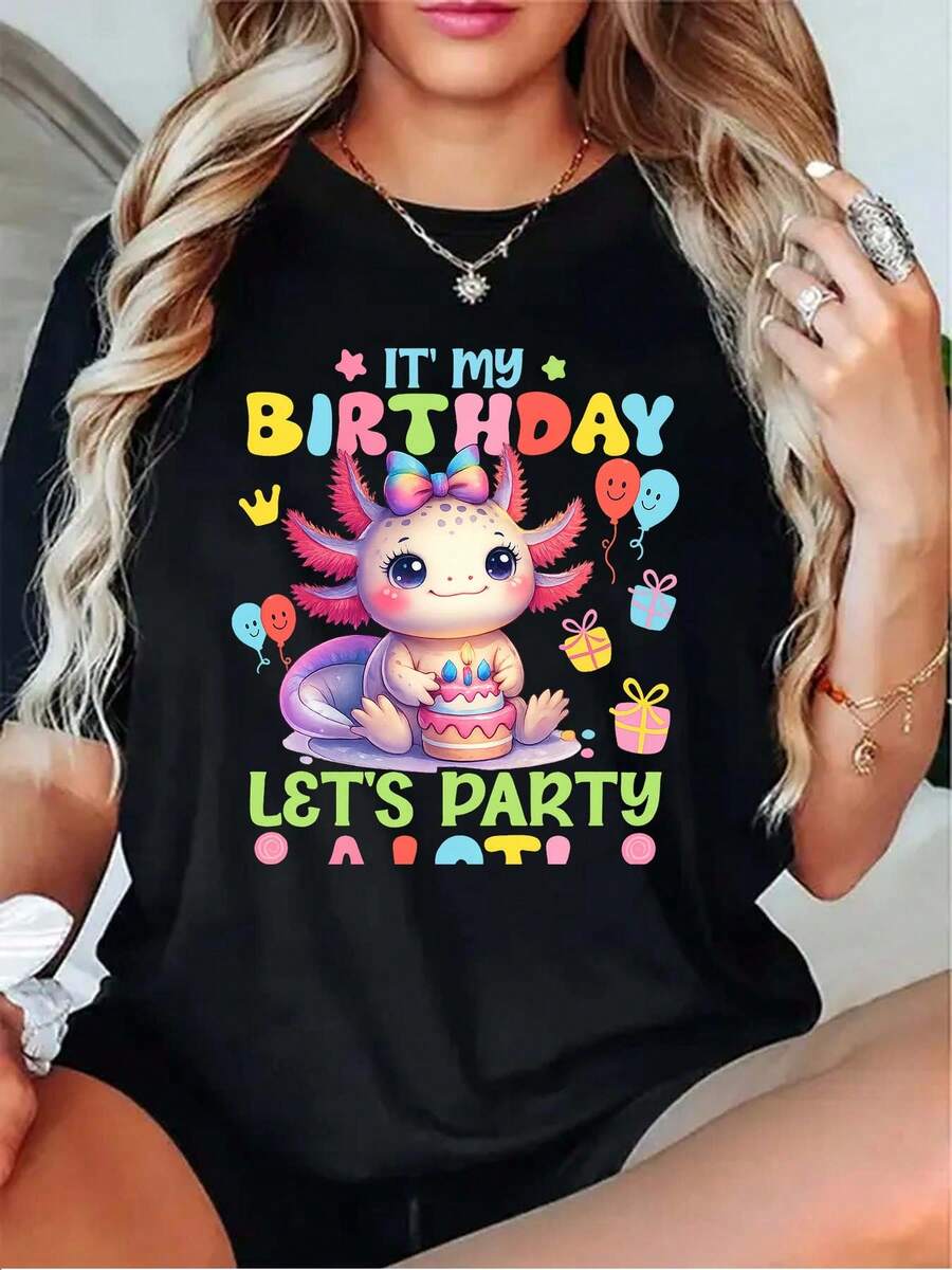 Happy Birthday Axolotl With Cake And Balloons Womens Tshirt Black Grey White Light Apricot Dark Red - màu đen - Xem 1