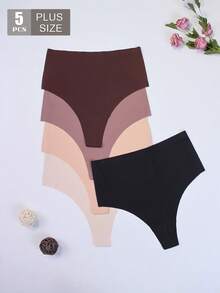 Conjunto de 5 calcinhas modeladoras plus size de cintura alta, modelo fio dental sexy, confortáveis e respiráveis, sem costura, simples, versáteis e de cor sólida. - Multicolorido - Ver 5