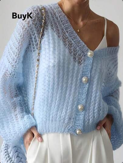 BuyK [Tops]BuyK Women's Light Blue Pearl Button Hollow-Out Knit Cardigan - V-Neck, Loose And Thin Outerwear With Natural Shell Button Decorations, Featuring Three-Dimensional Cable Hollow Weave