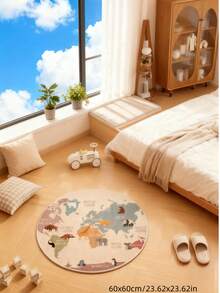 1块世界地图动物圆形地毯，以清晰的各大洲和海洋标记为底色，搭配从非洲长颈鹿到南极企鹅等栩栩如生的动物图案，带您踏上一段奇妙的环球之旅。采用柔软亲肤的材质，脚感舒适，经久耐用，易于清洁。适用于装饰客厅、卧室、书房等空间。