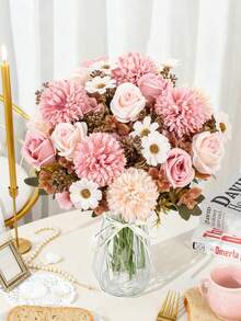 1/80PCS Artificial Rose Flowers Silk Roses, Chrysanthemums, Hydrangeas Bouquets Fake Plants For Spring Autumn Wedding Vase For Home Dining Room Bedroom Decorations, Mother's Day,Father's Day, Valentine's Day, Festival Birthday Party Accessories, Outdoor Garden Decorations - Pink - View 4