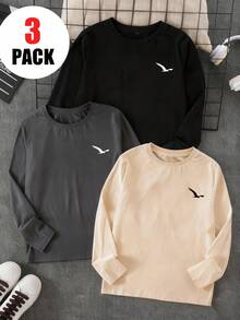 3 件套青少年男童休闲印花圆领长袖 T 恤，秋冬款，学生和年轻时尚达人 - Flying Eagle Design，终极 T 恤系列 - 杏色 - 查看 8