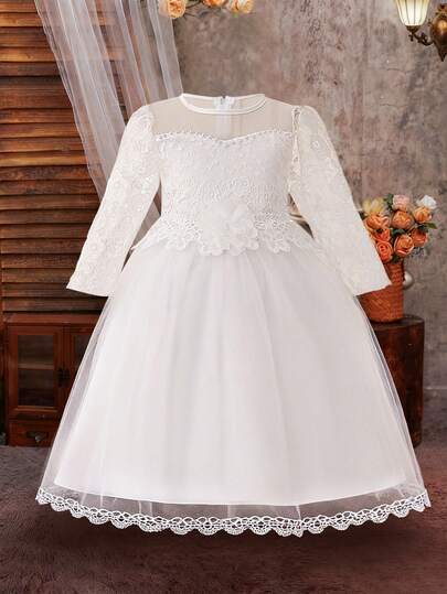 Young Girls Long Sleeve Beaded 3D Floral Lace Mesh Elegant Flower Girl Dress, Suitable For Birthday, School, Dance Party, Excludes Headband