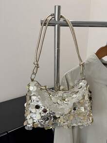 1pc Shiny Gold Crescent Moon Shaped PE PVC Shoulder Bag, Women's Party Clutch - Gold - View 2