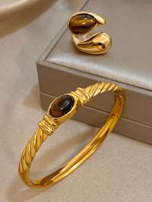 18K Gold Plated Stainless Steel Luxury Vintage Tiger Eye Stone Bracelet & Ring Set, Elegant Jewelry Gift For Women, Suitable For Mother's Day, Christmas, Thanksgiving, Carnival, Wedding, Rave Party/Ball, Anniversary, Valentine's Day, Bohemian Birthday Bridesmaid Gift - Multicolor - View 2