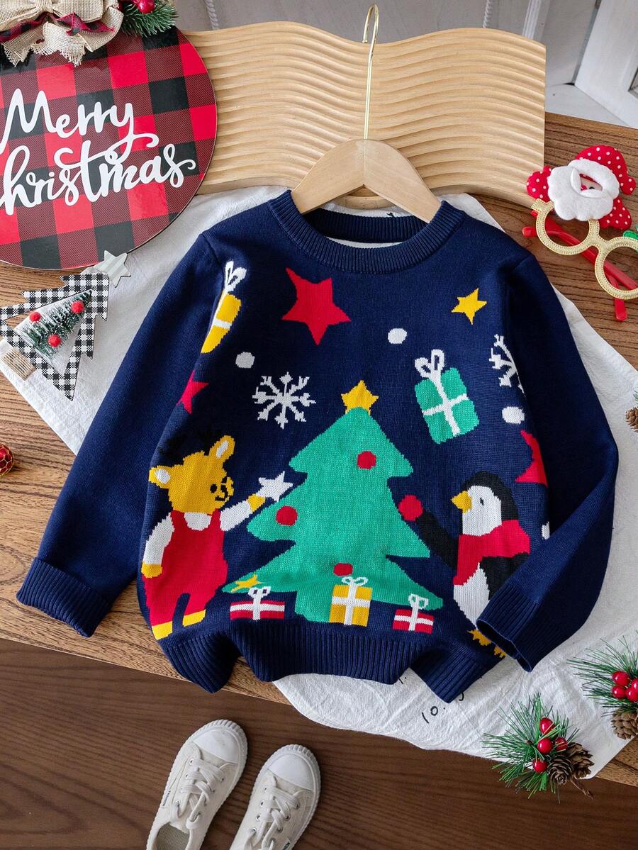 Tween Girl' Christmas Gift Pattern Knitted Sweater, Christmas Tree Design Pullover Suitable For Christmas Party, Spring, Autumn, Winter
