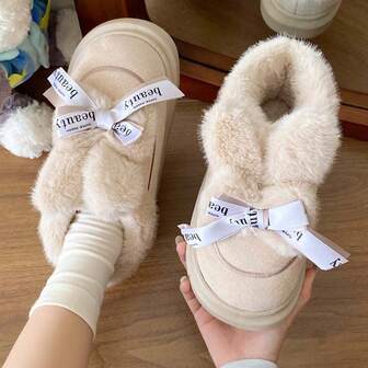 女士白色毛绒靴子、冬季踝靴、短靴、保暖内衬、室内拖鞋、2024 年新款情侣保暖毛绒拖鞋、棕色冬靴