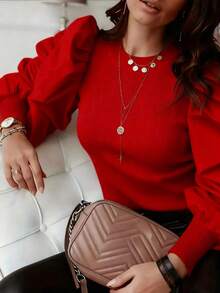 Crew Neck Fitted Puff Sleeve Splice Women Clothing - Red - View 3