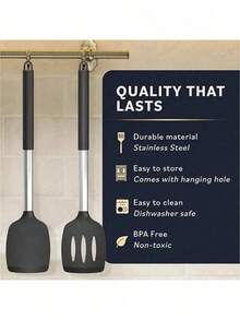 1pc Solid Silicone Scraper, Non-Stick Insertion Type Heat Resistant Kitchen Utensil, Suitable For Fish, Eggs, Pancakes - Black - View 8