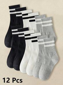 5双装女士纯色条纹时尚中筒袜，颜色包括黑色、白色、灰色、粉色和棕色。这款条纹袜舒适休闲，适合日常穿着、旅行、上学以及搭配裙装。四季皆宜，是理想的圣诞礼物。 - 多色B - 查看 13