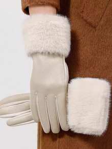 1 双女士秋冬纯色休闲优雅涤纶露指手套，适合户外活动，成熟风格 - 杏色 - 查看 2