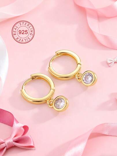 Artepollo 925纯银圆形耳环，14K镀金锆石耳环，低过敏性，不褪色，轻盈舒适，日常佩戴，礼盒包装，高品质珠宝礼品