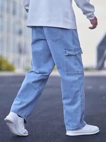 Vaqueros informales de corte holgado para hombre con cintura con cordón y múltiples bolsillos. - Azul - Ver 2
