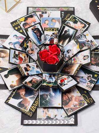 1 Caja de regalo con explosión, Álbum de fotos con explosión DIY, Caja sorpresa con corazón emergente pre-ensamblada (con video tutorial), incluye cinta y cuerda. Una caja sorpresa adecuada para el Día de San Valentín, aniversarios, recuerdos preciados, cumpleaños, bodas, etc. (Caja de explosión de 6 lados en negro).
