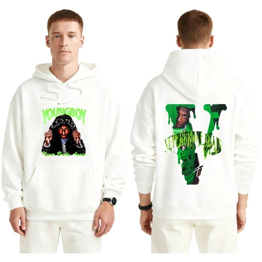 Rapper Youngboy Hoodie, Never Broke Again Vintage Retro Graphic Hoodie, Streetwear Unisex Hoodie, YB Hoodies Gifts For Men Women Unisex Hoodie, Gift For Fan, Graphic Hoodie Youngboy,Y2k,Funny Christmas&Halloween Cotton Hoodies,Suitable For Festivals, Parties, Home Wear, Daily Commuting, Back-To-School, And Concert Outfits. Printed And Shipped In The USA. - 白色 - 查看 1