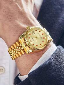 PROKING 1pc 40mm Men's Watch, Stainless Steel Case & Band, Gold Color, Luxury Quartz Watch, Business Water-Resistant Wristwatch, Fashion Calendar Diamond-Studded, Suitable For Daily Decoration, Holiday & Birthday Gift - Red - View 3