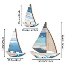 3 件木制蓝色帆船墙面艺术标志，适用于家庭办公室墙壁装饰，农舍可爱帆船海洋墙壁装饰，适用于家庭客厅卧室装饰夏季家居装饰海滩 - 彩色 - 查看 9
