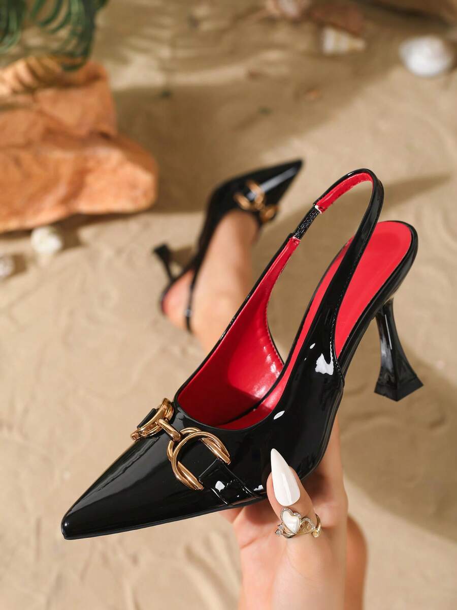 Giày cao gót mũi nhọn 9cm cho nữ, giày bít mũi thanh lịch với chi tiết kim loại, phối màu đỏ đen quyến rũ, phù hợp cho mặc hàng ngày, dự tiệc, Giáng sinh, Lễ Tạ ơn, Ngày Valentine, hẹn hò, dạ hội, công sở, đế đỏ. - màu đen - Xem 1