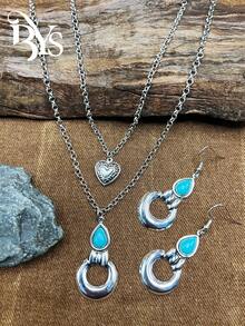 1 Set Vintage Bohemian Style Turquoise Pendant Necklace, Turquoise Earrings, 2-Layer Necklace Can Be Matched Freely, Versatile, Suitable For Casual Wear, All Seasons Jewelry, Suitable For Women And Girls To Match Daily Outfits, Party Accessories, Jewelry, Gift For Family/Friends/Yourself - Bohemian Style - View 1