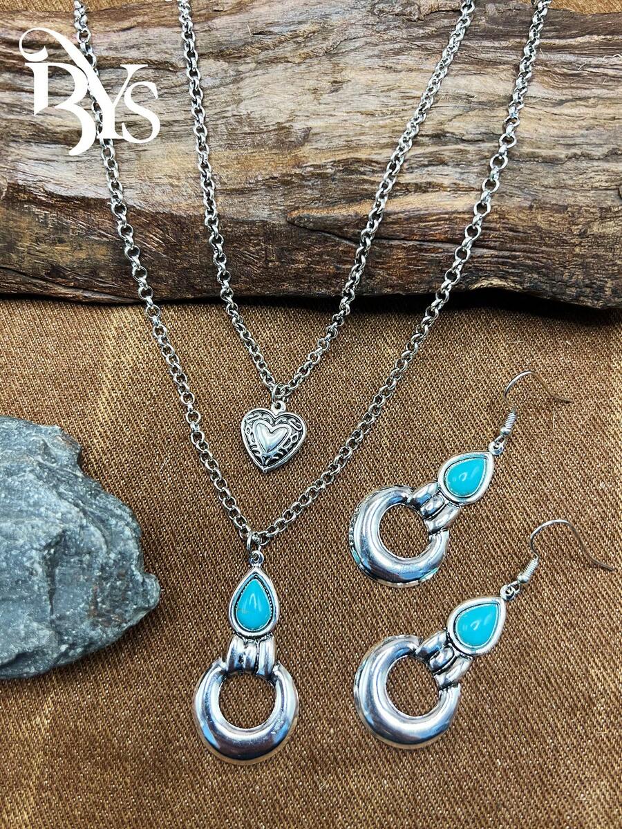 1 Set Vintage Bohemian Style Turquoise Pendant Necklace, Turquoise Earrings, 2-Layer Necklace Can Be Matched Freely, Versatile, Suitable For Casual Wear, All Seasons Jewelry, Suitable For Women And Girls To Match Daily Outfits, Party Accessories, Jewelry, Gift For Family/Friends/Yourself - Bohemian Style - View 1