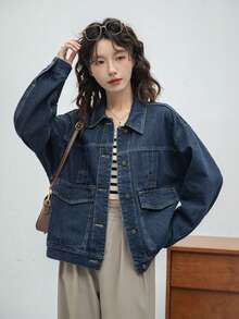 Áo khoác denim xanh đậm cổ điển dành cho nữ, áo khoác cargo dáng rộng thoải mái, phù hợp cho mùa xuân và mùa thu - Màu xanh lam - Xem 1
