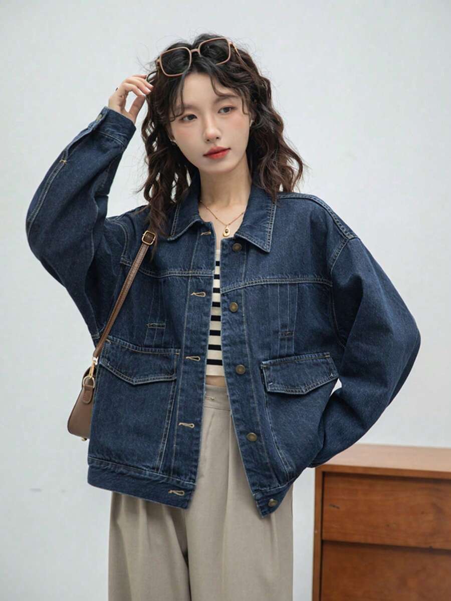Áo khoác denim xanh đậm cổ điển dành cho nữ, áo khoác cargo dáng rộng thoải mái, phù hợp cho mùa xuân và mùa thu - Màu xanh lam - Xem 1