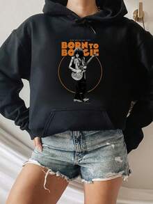 Born To Boogie Guitar Rocker Print Hooded Sweatshirt Streetwear Fashion Homme Soft Unisex - Black - View 1