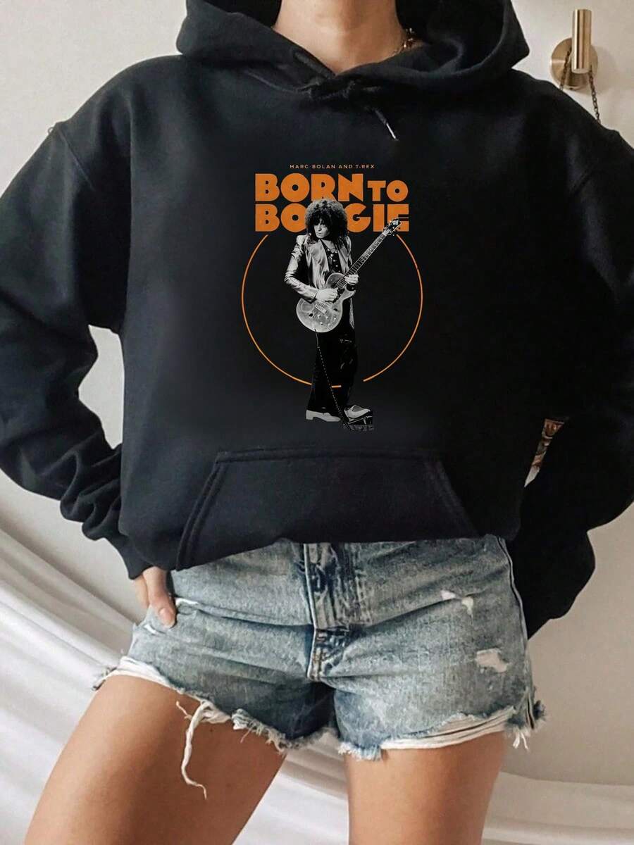 Born To Boogie Guitar Rocker Print Hooded Sweatshirt Streetwear Fashion Homme Soft Unisex - Black - View 1