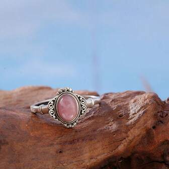 Vintage S925 Silver Rhodochrosite Ring Natural Rose Pink Gemstone Danity Floral Design Bohemian Jewelry Gift