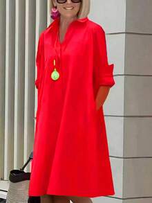 Women's Solid Color Casual Long Sleeve Dress With Pockets - Red - View 3
