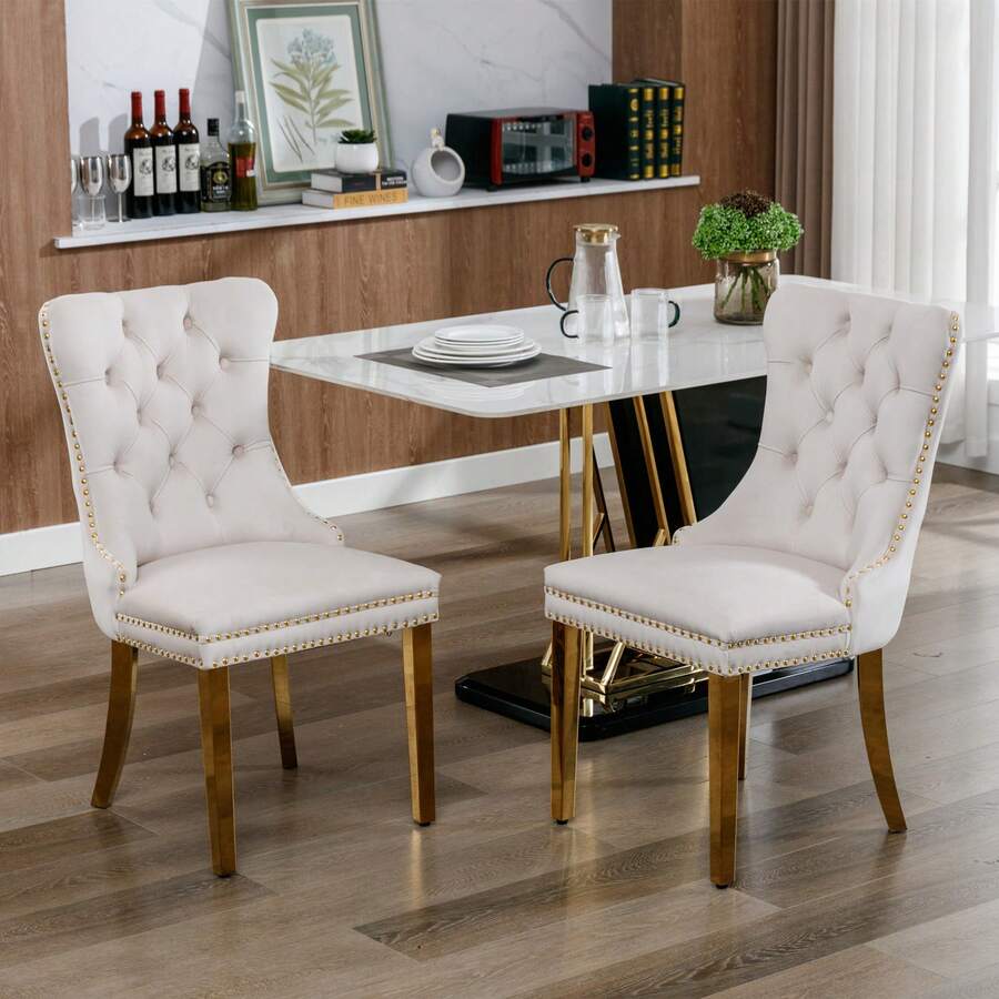 High-End Contemporary Dining Chairs In Solid Wood With Upholstery, Covered In Velvet, Stainless Steel Legs And Rivet Ornaments, Two Chairs Per Set. - Conventional - View 1