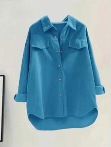 Women's Solid Color Front Button Down Collar Long Sleeve Shirt,Long Sleeve Tops Casual Spring - Dusty Blue - View 3