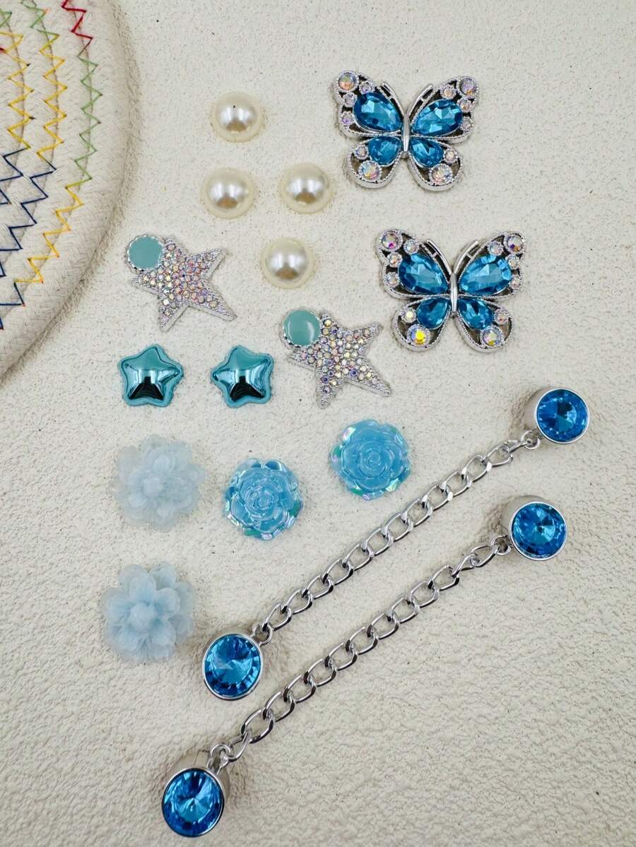 Juego de 16 piezas de decoración de zapatos con flores de perlas azules, mariposas y corazones, adecuado para accesorios de zapatos, muñequeras, pantuflas, manualidades DIY - Multicolor - Ver 1
