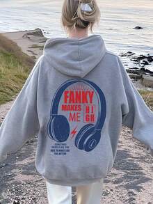 Teen Girl Fall Clothes Colorful Headphones With Letter Print Pattern, Casual Style, Sweatshirt, Suitable For Daily Wear, Party, School, Attending Music Festivals, Vacation, Commuting. Can Be Given As A Gift To Family, Boyfriend, Girlfriend, Friends, Girls Winter Clothes, Essentials Sweatshirt - Grey - View 1