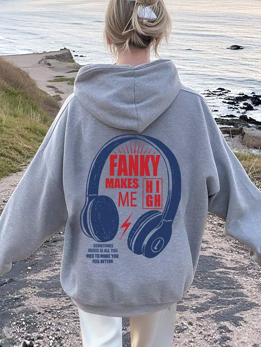 Teen Girl Fall Clothes Colorful Headphones With Letter Print Pattern, Casual Style, Sweatshirt, Suitable For Daily Wear, Party, School, Attending Music Festivals, Vacation, Commuting. Can Be Given As A Gift To Family, Boyfriend, Girlfriend, Friends, Girls Winter Clothes, Essentials Sweatshirt - Grey - View 1