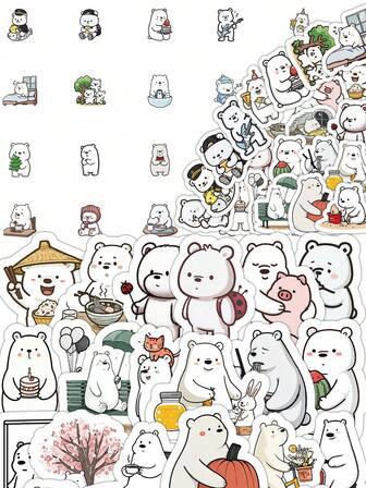 63张/包 可爱萌系北极熊贴纸套装，萌趣卡通贴纸，适用于手机、金属贴纸和铅笔盒，动物爱好者和学生的趣味装饰
