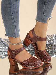 Plus Size Women's Summer New Thick Heel Strap Hollow High Heel Sandals - Brown - View 5