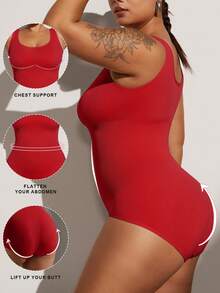 1pc Women Plus Size Seamless Bodysuit, Waist Cinching, Tummy Control, Butt Lifting - Red - View 3