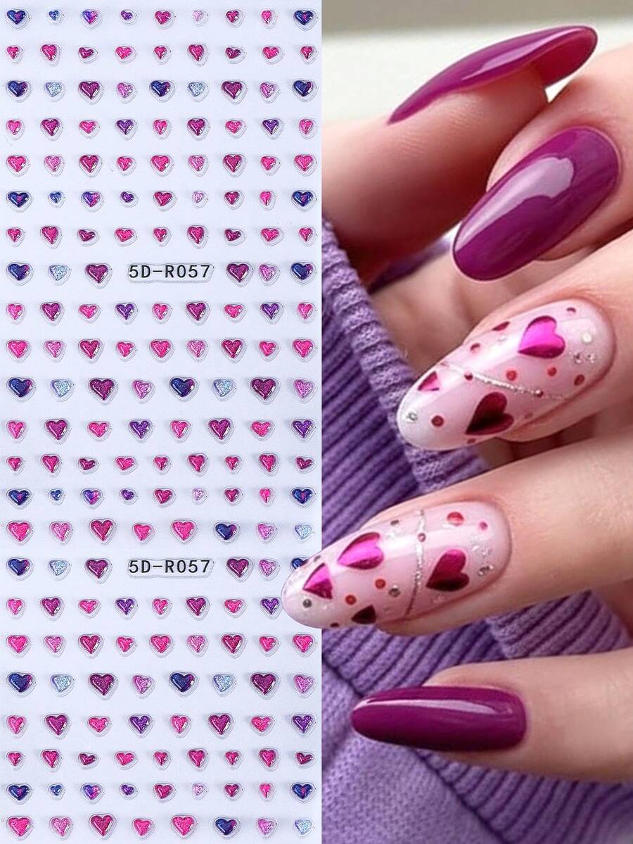 2片闪亮紫色爱心5D果冻美甲贴纸，情人节浮雕美甲贴纸，猫眼果冻爱心混色自粘美甲装饰，美甲用品，女孩节日美甲DIY - 彩色 - 查看 1
