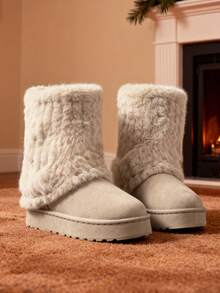 2025 Neue Damen Schneestiefel, Plateau-Sohle Wadenstiefel, Thermofutter, lässige warme flache Mittelhöhenabsätze, rutschfest, beige hohe Stiefel, Große Größen Stiefel mit Kunstfelleinsatz - Beige - Übersicht 5