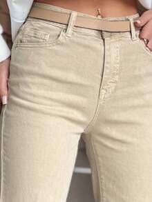 Damen High-Waist Jeans, klassischer Schnitt mit Taschen, Reißverschluss und Knopfverschluss, aus weichem Material, figurbetont und bequem - Beige - Übersicht 3