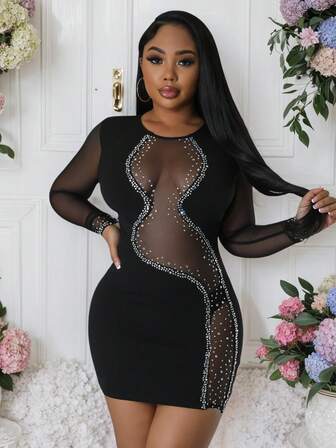 这款优雅迷人的女士短款鸡尾酒礼服，饰有水钻，配有长薄纱袖和圆领，是秋冬季节的完美之选。