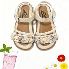 夏季新款公主风凉鞋，彩色花朵和珍珠装饰，魔术贴平底百搭凉鞋，适合旅行、购物、派对和日常穿着。 - 米色 - 查看 5