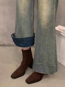 Giày bốt cổ ngắn dáng ôm bằng da lộn, mũi vuông, gót chunky, phong cách retro thu đông, giày bốt thanh lịch dành cho nữ. - màu nâu - Xem 3