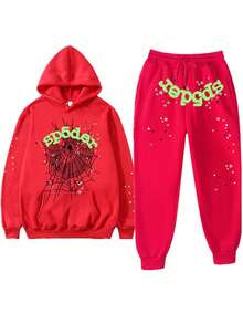 Men's English Printed Pull Tab Hat Long Sleeved Top And Pants Casual 2-Piece Set Daily Outfit - Red - View 1